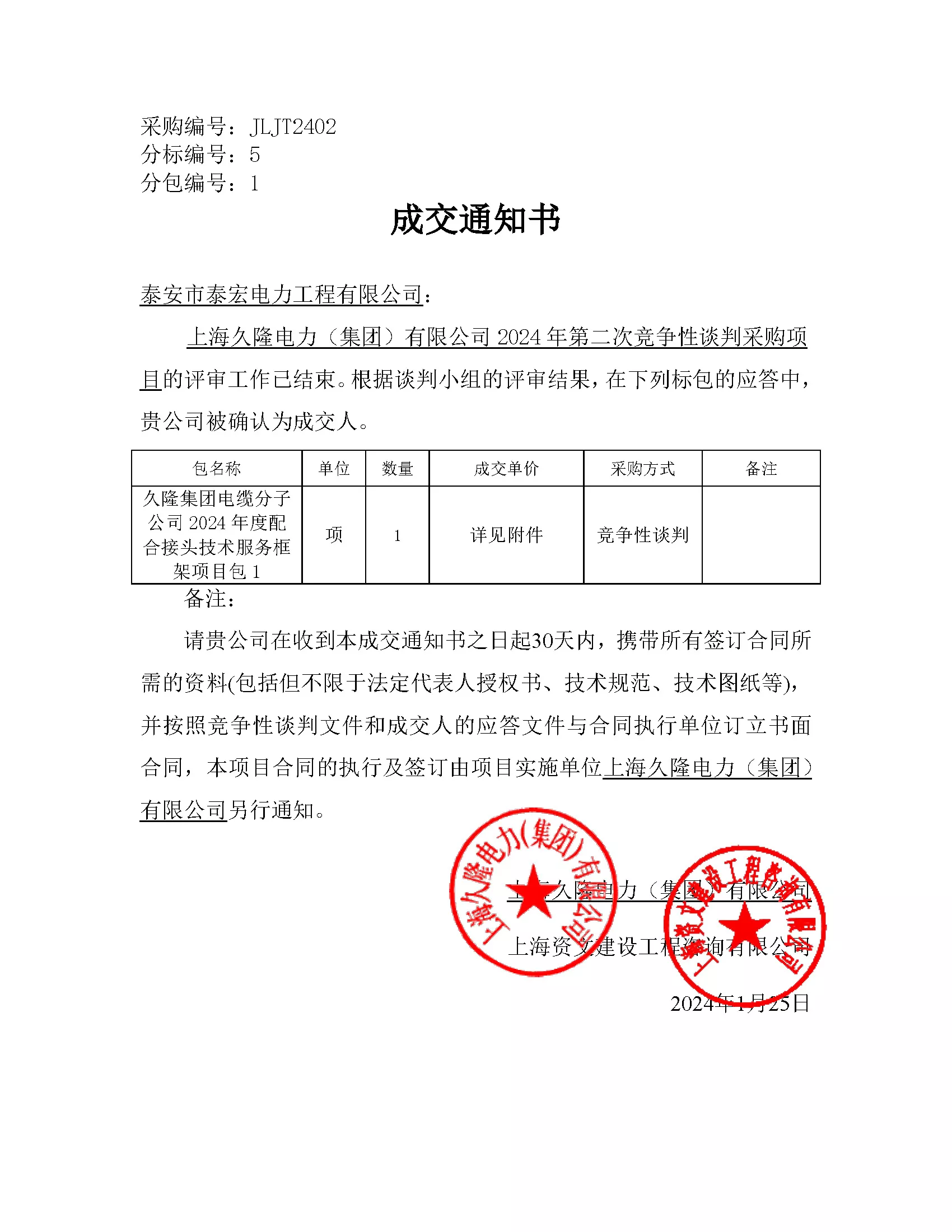 上海久隆电力（集团）有限公司2024年度配合接头技术服务框架项目